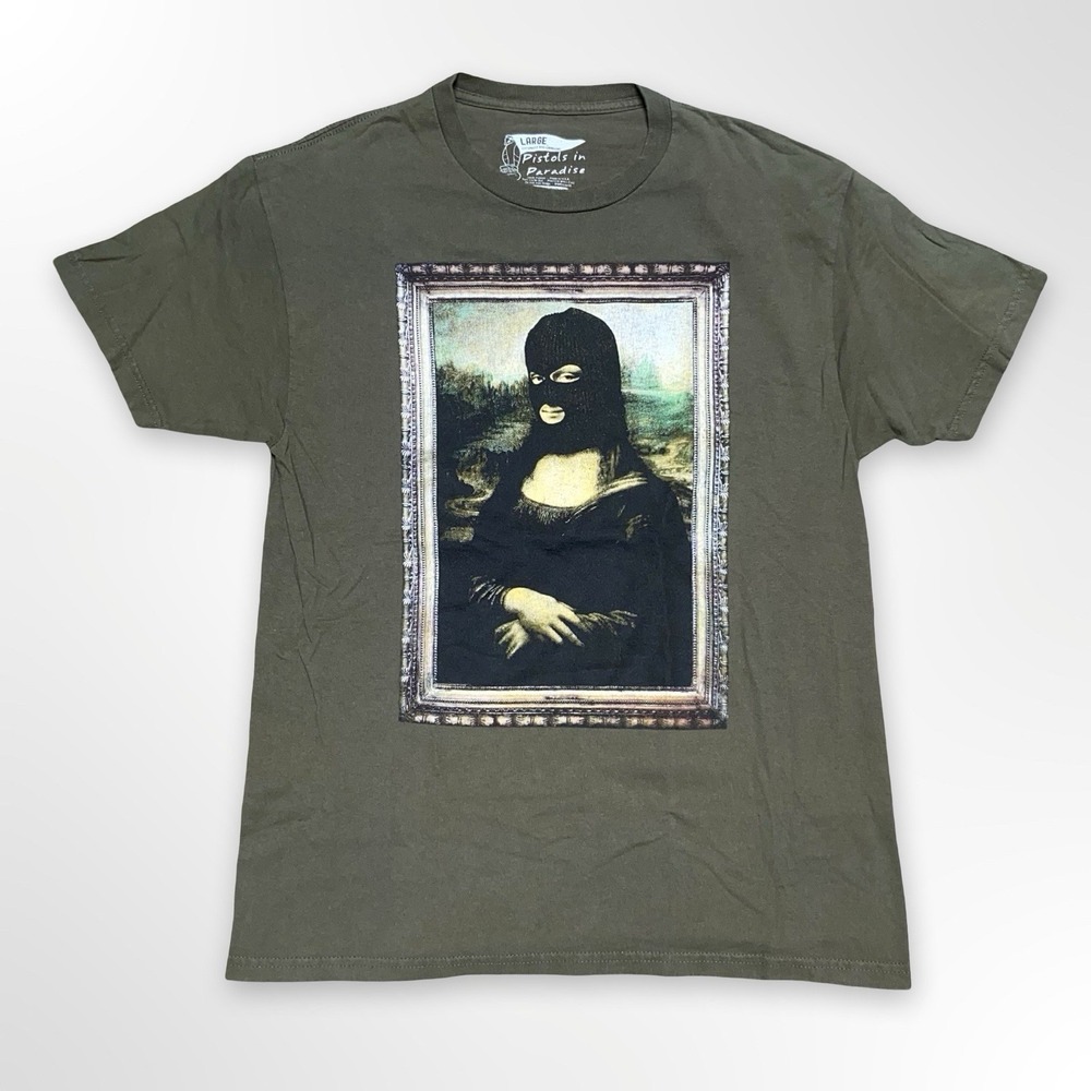Pistols In Paradise Mona Lisa Ski Mask Graphic T-Shirt Olive Green Size Large